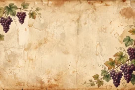 Vintage Grapes Paper Background for PowerPoint with Worn Torn Edges and Two Vine Sprigs