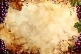 Vintage Grapes Wine Frame Background for PowerPoint with Stained Parchment and Curling Vines