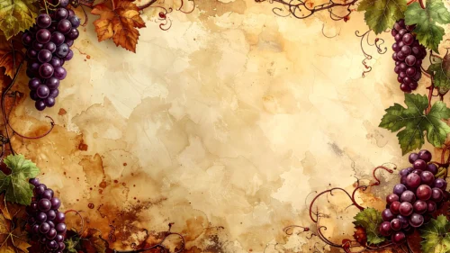 Vintage Grapes Wine Frame Background for PowerPoint with Stained Parchment and Curling Vines
