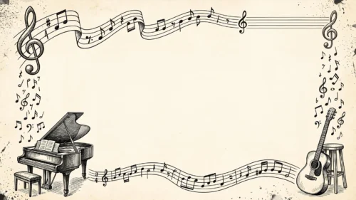 Vintage Music Frame Background for PowerPoint with Piano, Guitar and Wavy Staff Vintage Music Frame Background for PowerPoint with Piano, Guitar and Wavy Staff