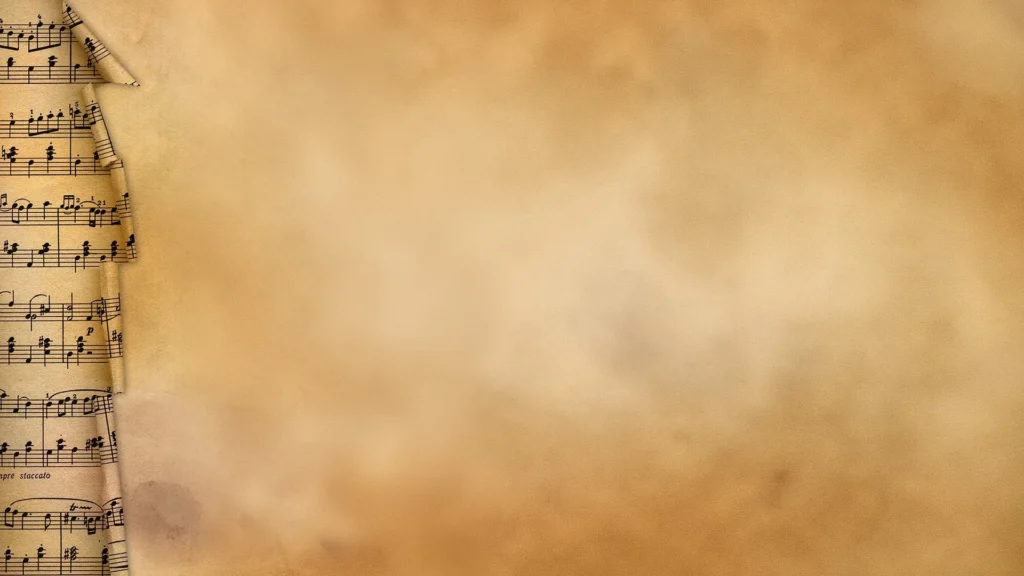 Vintage Music Sheet Background for PowerPoint with a Curled Score on Cloudy Golden Parchment