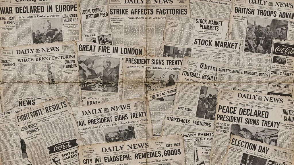 Vintage Newspaper Background for PowerPoint with Overlapping Gray Headline Pages and Folds