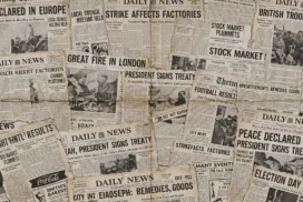 Vintage Newspaper Background for PowerPoint with Overlapping Gray Headline Pages and Folds