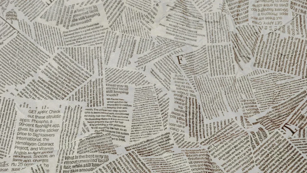 Newspaper Background for PowerPoint with Torn Black Text Scraps on Gray Paper