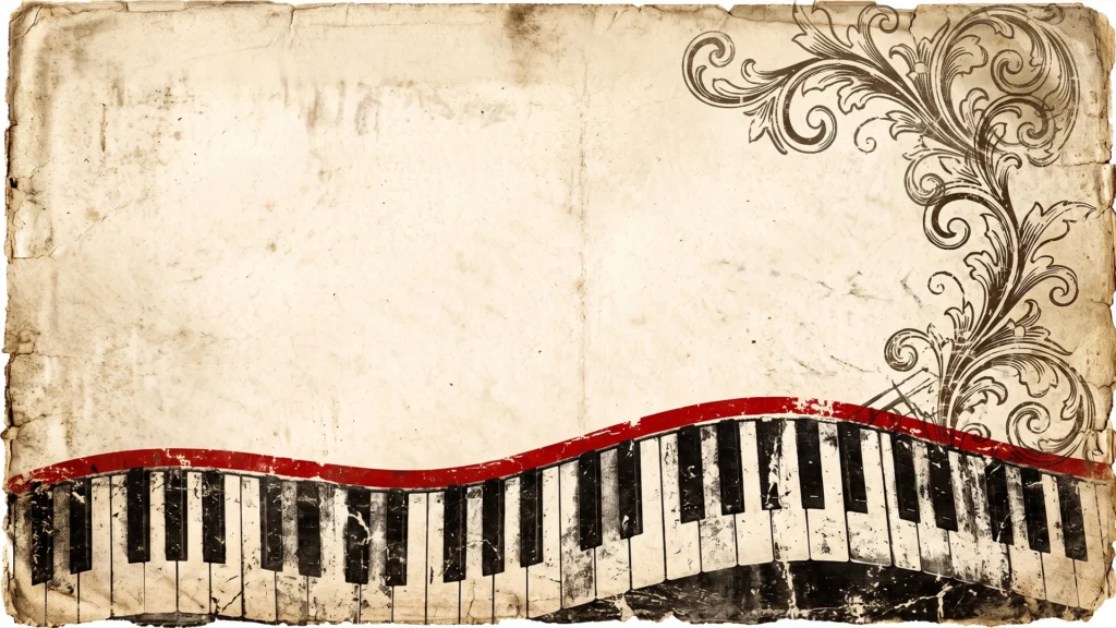 Vintage Music Background for PowerPoint with a Wavy Piano Keyboard and Ornate Scrollwork