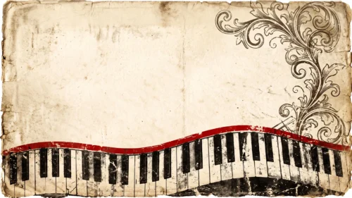 Vintage Music Background for PowerPoint with a Wavy Piano Keyboard and Ornate Scrollwork Vintage Music Background for PowerPoint with a Wavy Piano Keyboard and Ornate Scrollwork