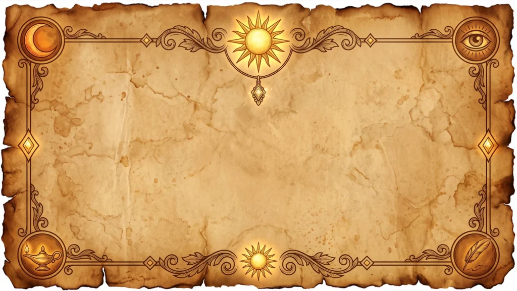 Vintage Parchment Frame Background for PowerPoint with a Golden Sun and Four Mystic Medallions