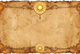 Vintage Parchment Frame Background for PowerPoint with a Golden Sun and Four Mystic Medallions