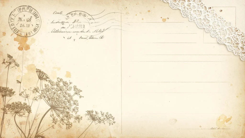 Vintage Postcard Background for PowerPoint with Lace Ribbon, Sepia Stamp and Wildflower Sketch