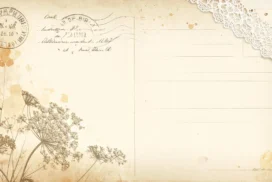 Vintage Postcard Background for PowerPoint with Lace Ribbon, Sepia Stamp and Wildflower Sketch