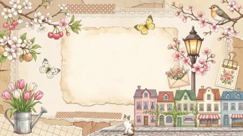 Vintage Spring Scrapbook Background for PowerPoint with a Flower Town