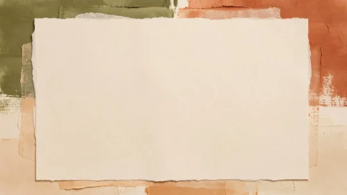 Vintage paper frame background for PowerPoint, torn cream sheet centered over olive green and terracotta paper strips