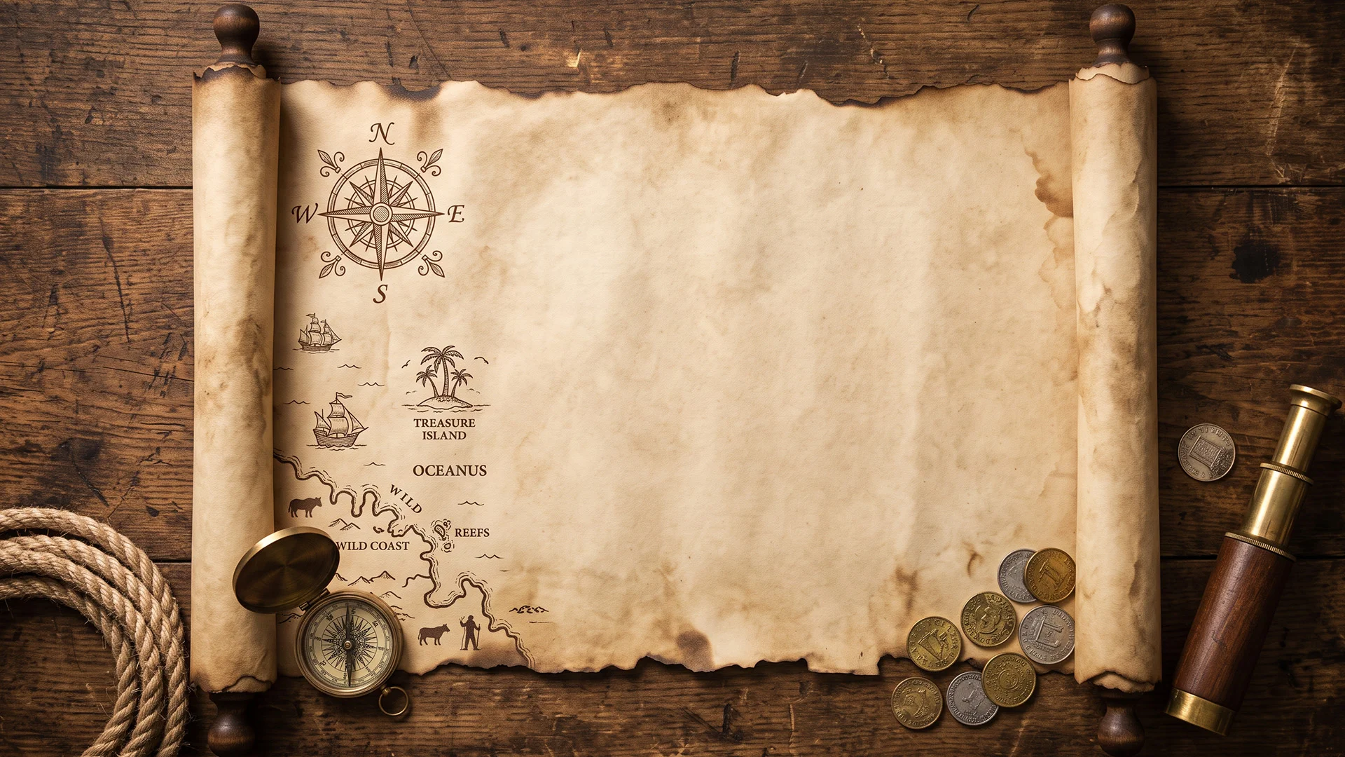 Treasure Map Scroll Background for PowerPoint with Compass and Coins