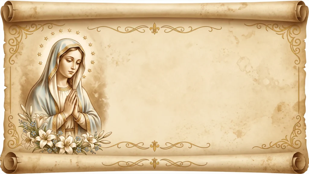 Virgin Mary Scroll Background for PowerPoint with Rolled Parchment, Gold Flourishes and White Lilies