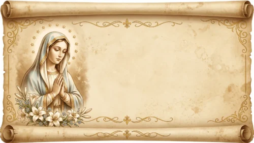 Virgin Mary Scroll Background for PowerPoint with Rolled Parchment, Gold Flourishes and White Lilies Virgin Mary Scroll Background for PowerPoint with Rolled Parchment, Gold Flourishes and White Lilies