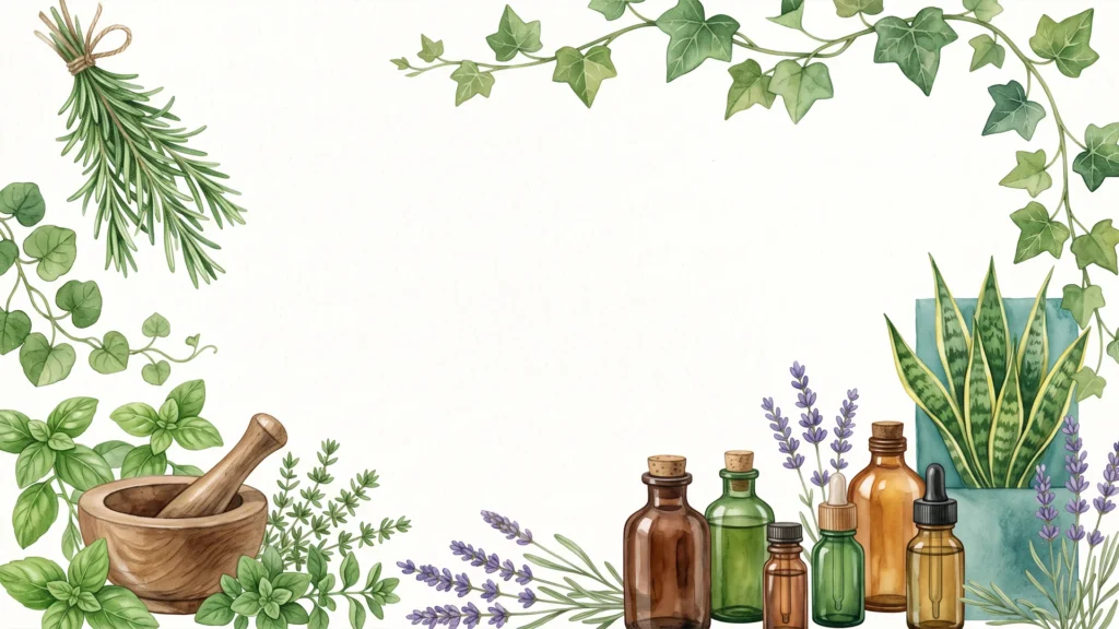 Watercolor Herbs Frame Background for PowerPoint with Mortar, Lavender and Amber Bottles