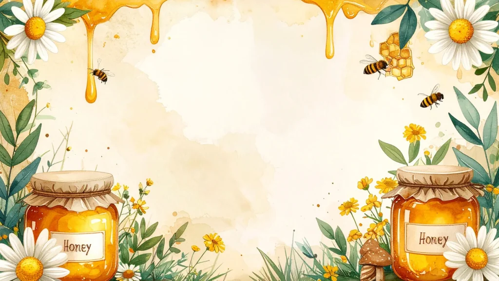 Honey Flowers Frame Background for PowerPoint with Dripping Honey, Two Jars and Daisies
