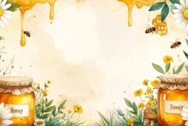Honey Flowers Frame Background for PowerPoint with Dripping Honey, Two Jars and Daisies