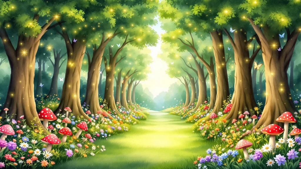 Magical Forest Path Background for PowerPoint with a Glowing Grass Lane Between Symmetrical Oaks