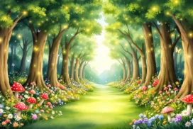 Magical Forest Path Background for PowerPoint with a Glowing Grass Lane Between Symmetrical Oaks