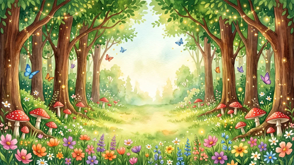 Watercolor Magical Forest Background for PowerPoint with Red Mushrooms and Butterflies