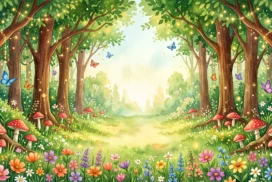 Watercolor Magical Forest Background for PowerPoint with Red Mushrooms and Butterflies