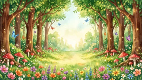 Watercolor Magical Forest Background for PowerPoint with Red Mushrooms and Butterflies