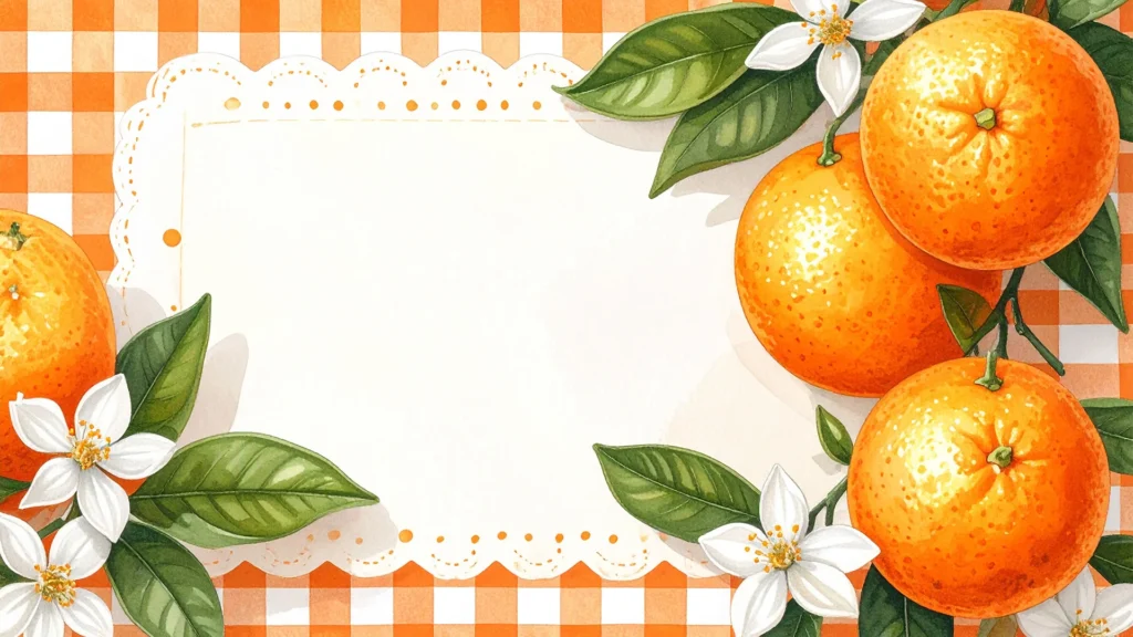 Orange Fruit Frame Background for PowerPoint with Three Big Oranges and a Lace Edge Panel