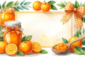 Orange Jam Frame Background for PowerPoint with Two Jam Jars, a Wooden Spoon and Gingham Ribbon