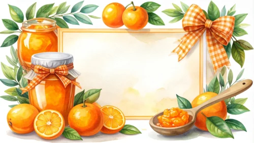 Watercolor orange jam frame background for PowerPoint with two jam jars, wooden spoon of marmalade, oranges and gingham ribbon around a pale yellow frame