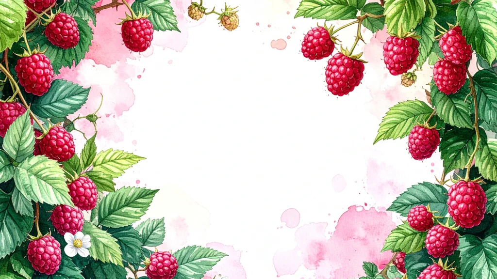 Watercolor Raspberry Frame Background for PowerPoint with Green Leaves and Pink Splashes