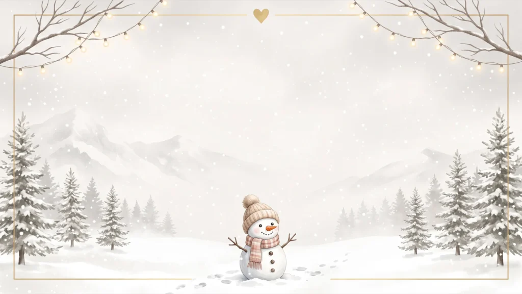 Winter Snowman Frame Background for PowerPoint with Snowy Mountains and Gold Border