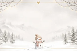 Winter Snowman Frame Background for PowerPoint with Snowy Mountains and Gold Border
