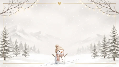 Winter Snowman Frame Background for PowerPoint with Snowy Mountains and Gold Border Winter Snowman Frame Background for PowerPoint with Snowy Mountains and Gold Border