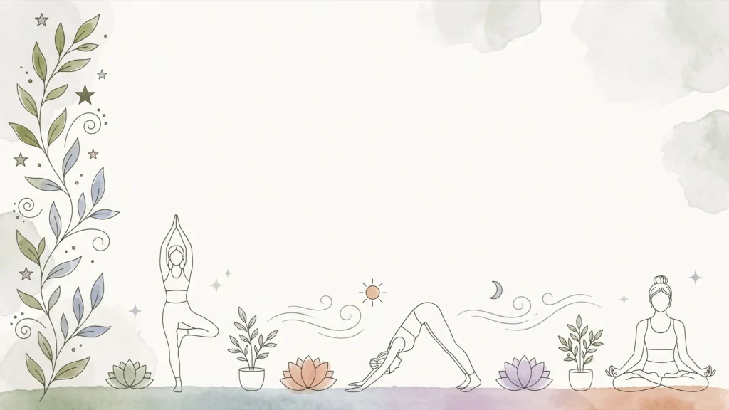 Yoga Frame Background for Google Slides with Line Art Poses, Potted Plants and a Sage Leaf Vine
