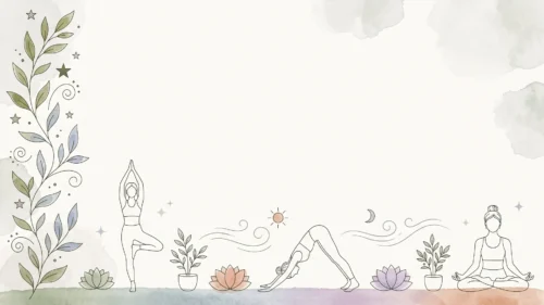 Yoga frame background for Google Slides with line art poses, potted plants, lotus flowers and a sage leaf vine